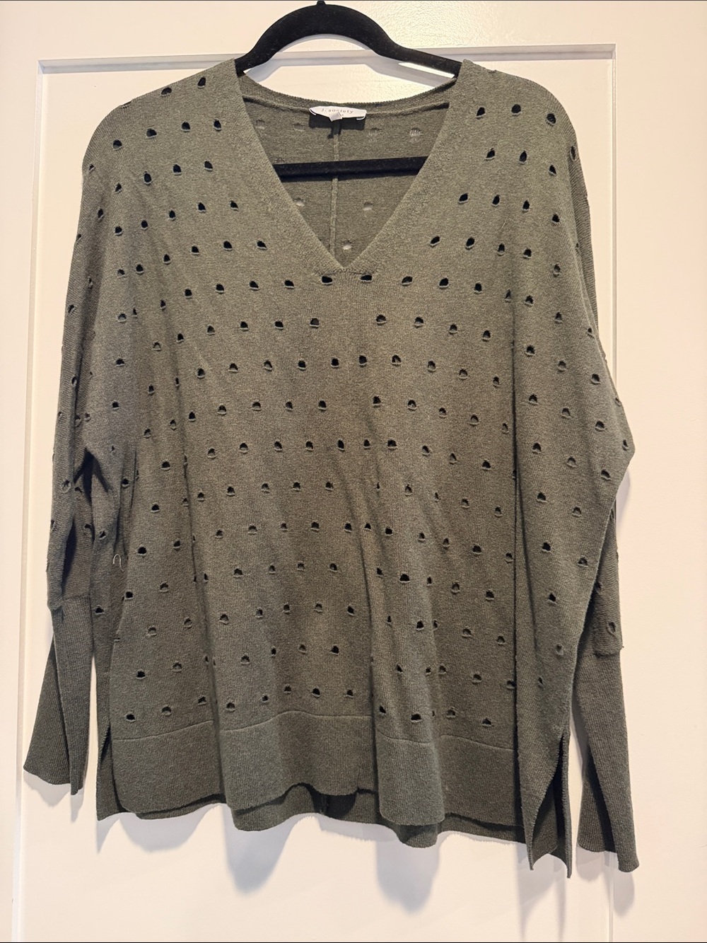 Relaxed V-Neck Sweater with Eyelet Detail - Olive